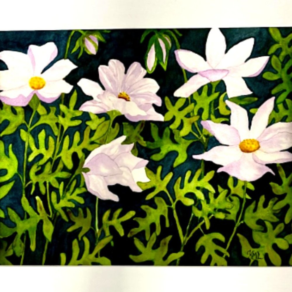 PAINTING WATERCOLOR ORIGINAL ART COSMOS FLOWERS LAVENDER PURPLE 11X14 MAT 16X20